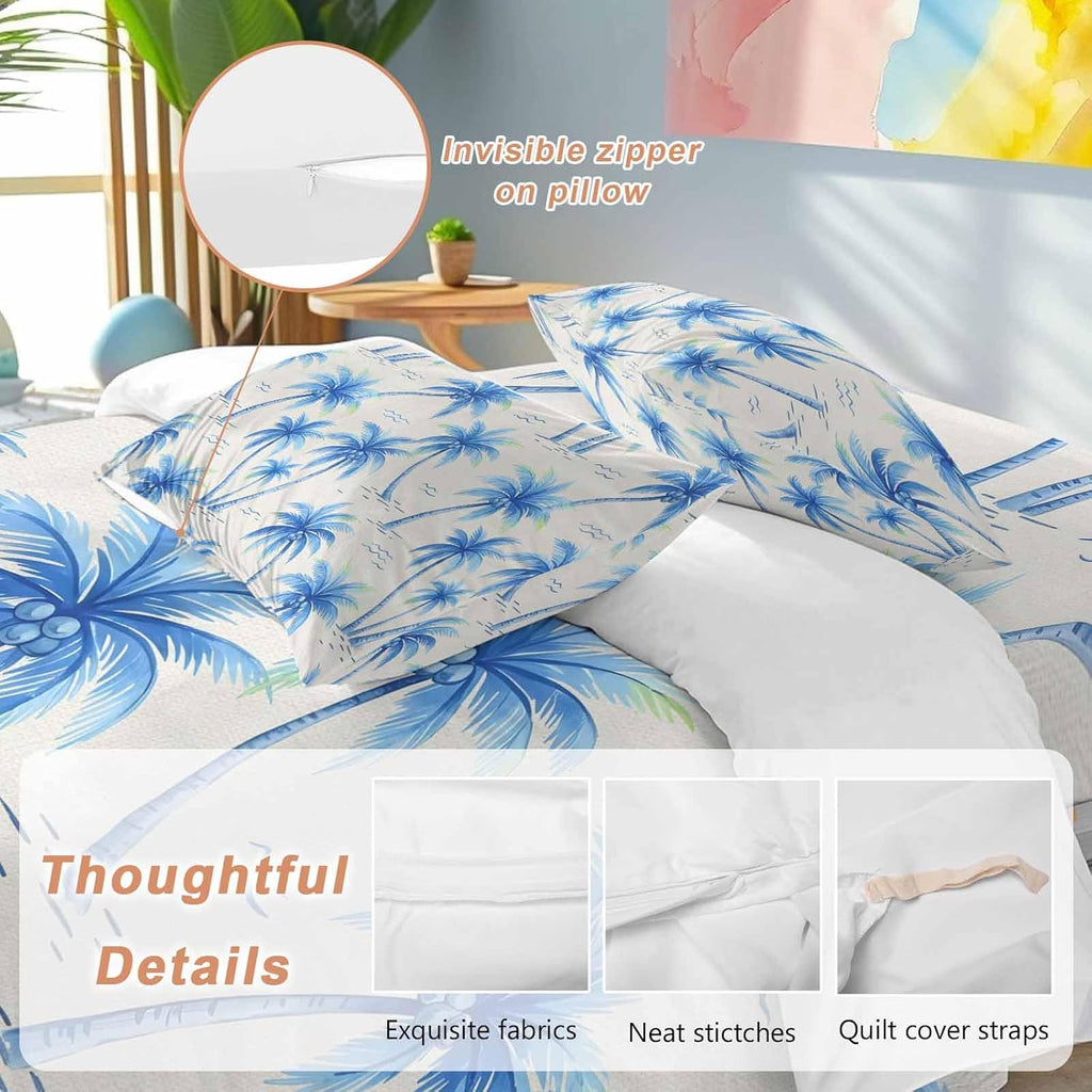 Tropical Plant Duvet Cover Set Queen Size 4 Pieces Blue Palm Trees Watercolor Tree Gradient Summer Bedding Set with Zipper Closure, 1 Comforter Cover 86x86 Inches 1 Flat Sheet & 2 Pillow Cases