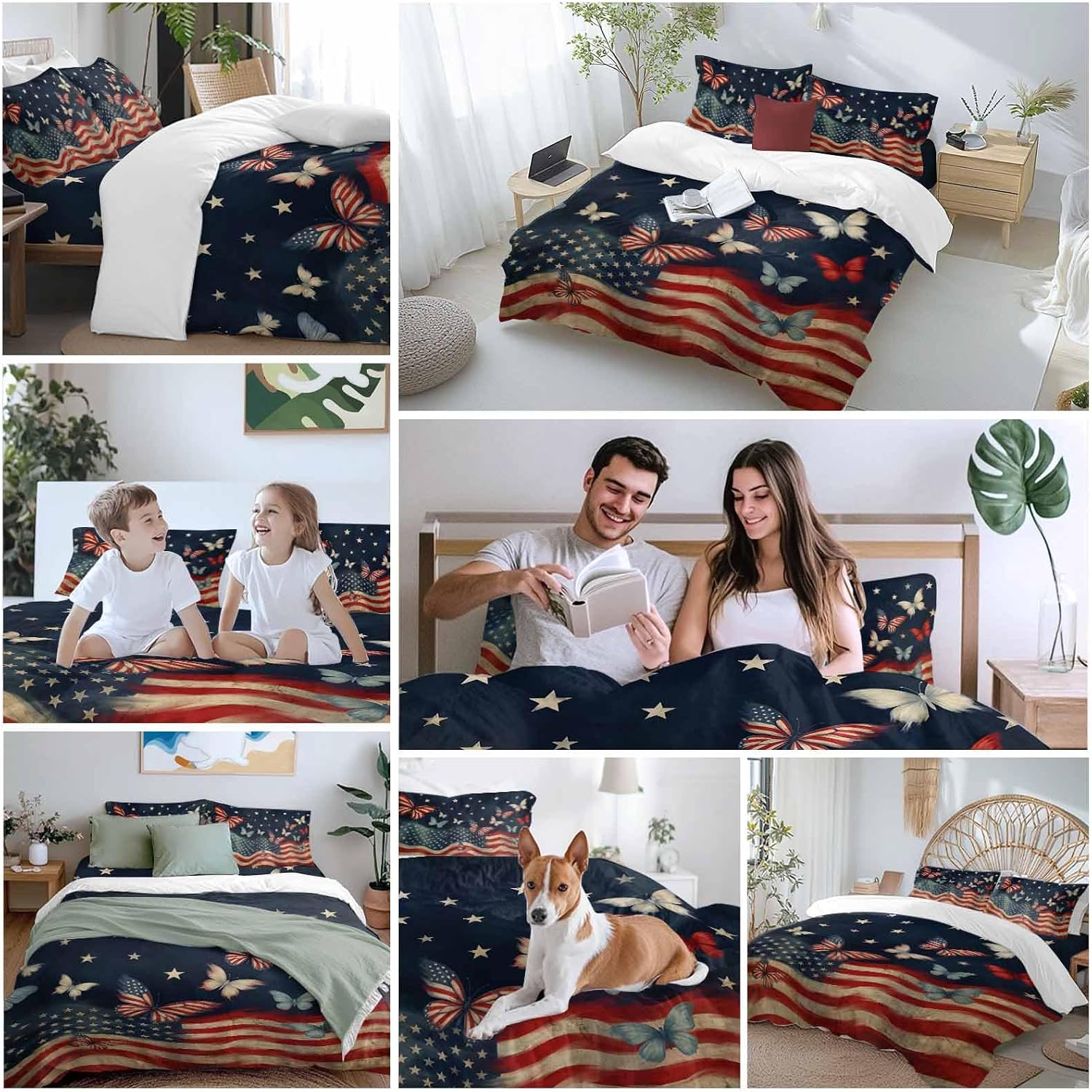 4th of July Duvet Cover Set Queen Size 4 Pieces Independence Day Patriotic Butterfly American Flag Bedding Set with Zipper Closure, 1 Comforter Cover 90x92 Inches 1 Flat Sheet & 2 Pillow Cases
