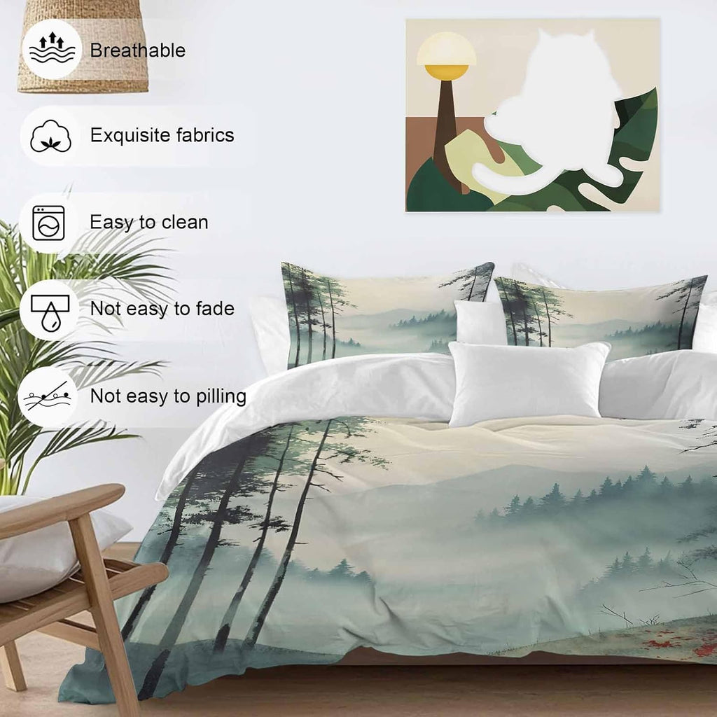 Prime Leader Forest Mountain Landscape Duvet Cover Set Queen Size 4 Pieces Foggy Retro Watercolor Bedding Set with Zipper Closure, 1 Comforter Cover 90x92 Inches 1 Flat Sheet & 2 Pillow Cases