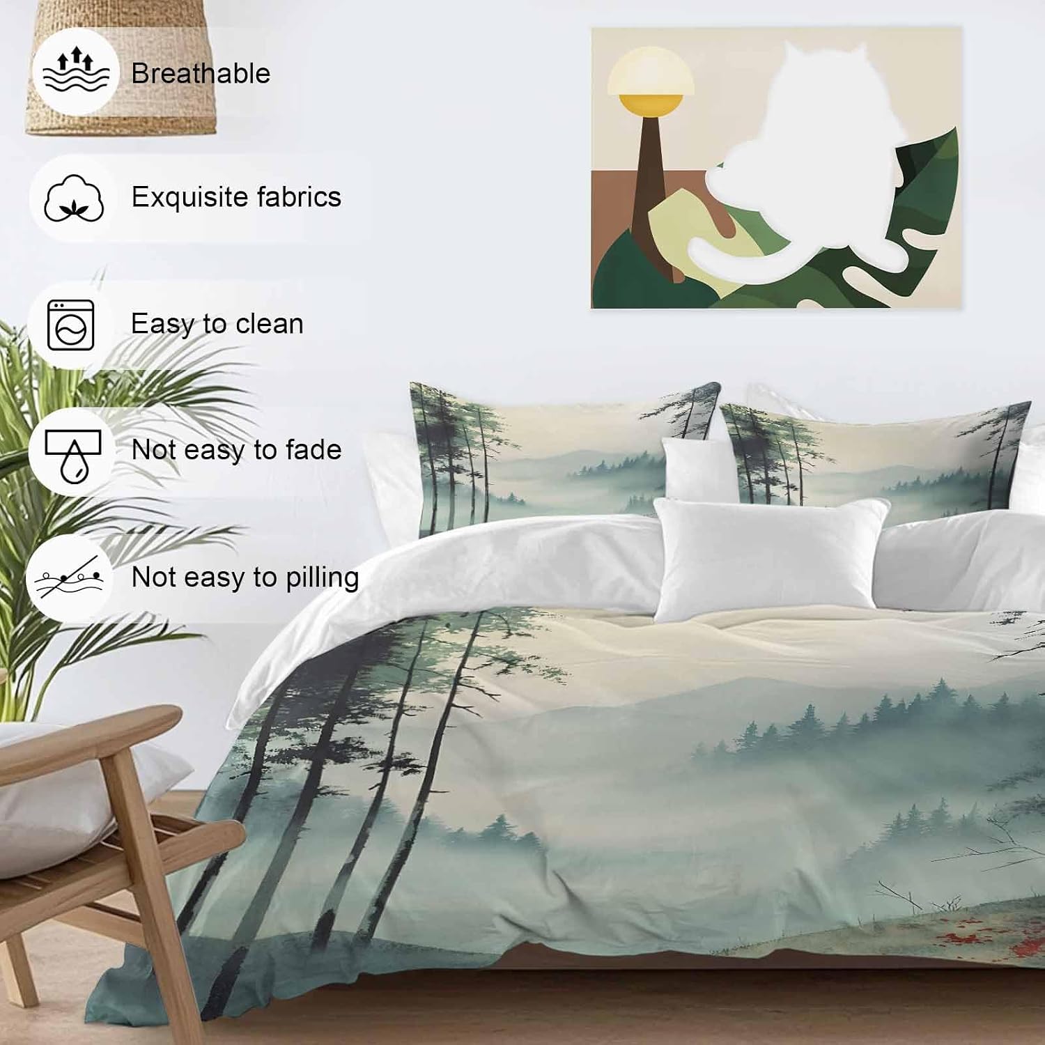 Prime Leader Forest Mountain Landscape Duvet Cover Set Queen Size 4 Pieces Foggy Retro Watercolor Bedding Set with Zipper Closure, 1 Comforter Cover 90x92 Inches 1 Flat Sheet & 2 Pillow Cases