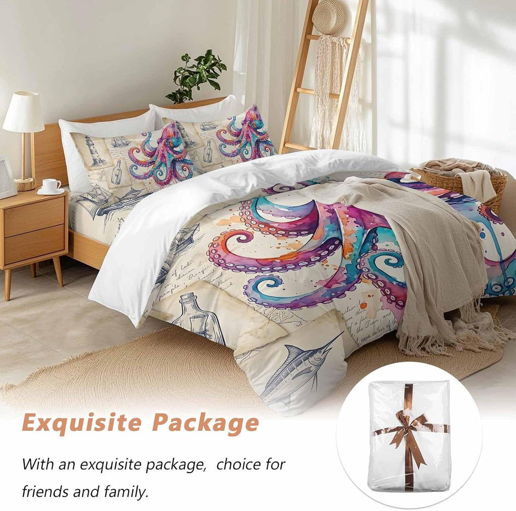 Prime Leader Pink Blue Octopus Duvet Cover Set Queen Size 4 Pieces Watercolor Octopus Newspaper Texture Bedding Set with Zipper Closure, 1 Comforter Cover 86x86 Inches 1 Flat Sheet & 2 Pillow Cases