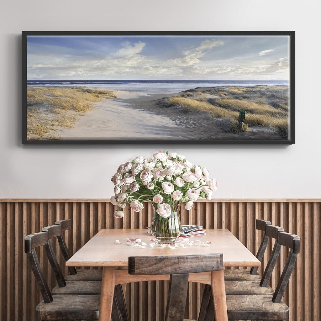 Renditions Gallery Floater Framed Home Decor Coastal Dunes Path Painting Canvas Home Decorations for Lounge Drawing Room Balcony Kitchen - 20'x50' Black Frame LT618