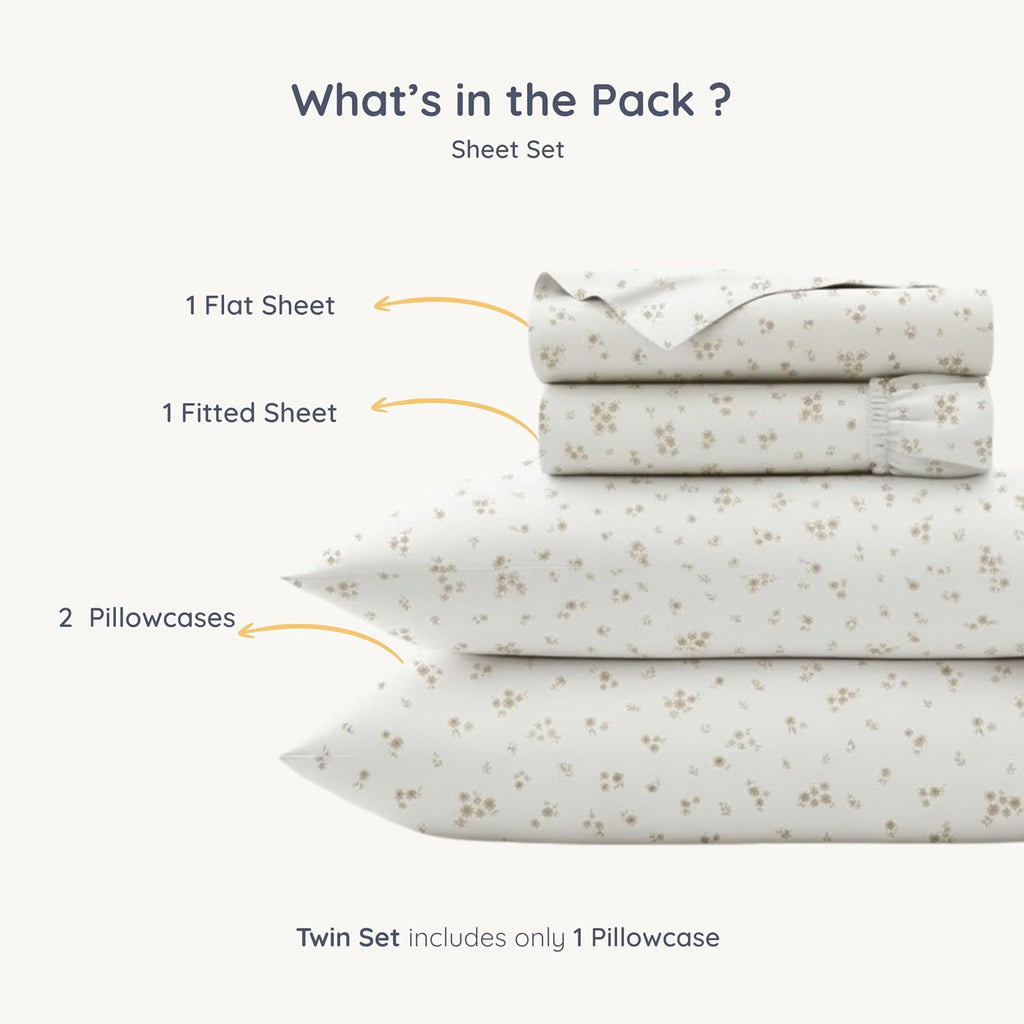 MakeMake Organics Organic Queen Sheet Set GOTS Certified Organic Cotton Sheets Queen Bed Fitted Sheet Flat Sheet Pillowcases Set - Ultra Soft Non Toxic Breathable Ditsy Flowers Peach (Queen, Bloom)