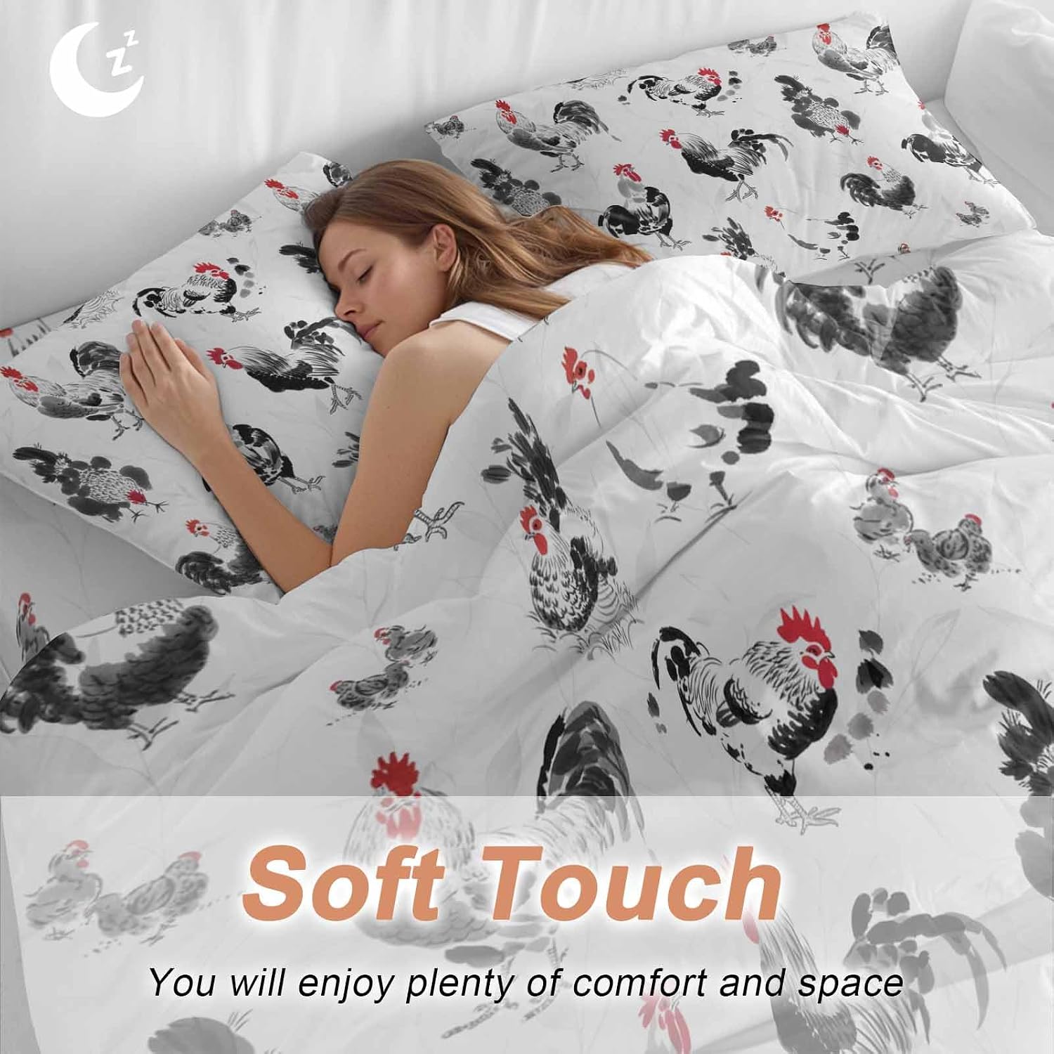 Prime Leader Rooster Hen Duvet Cover Set Queen Size 4 Pieces Watercolor Farm Animal Rustic Black Country Bedding Set with Zipper Closure, 1 Comforter Cover 86x86 Inches 1 Flat Sheet & 2 Pillow Cases