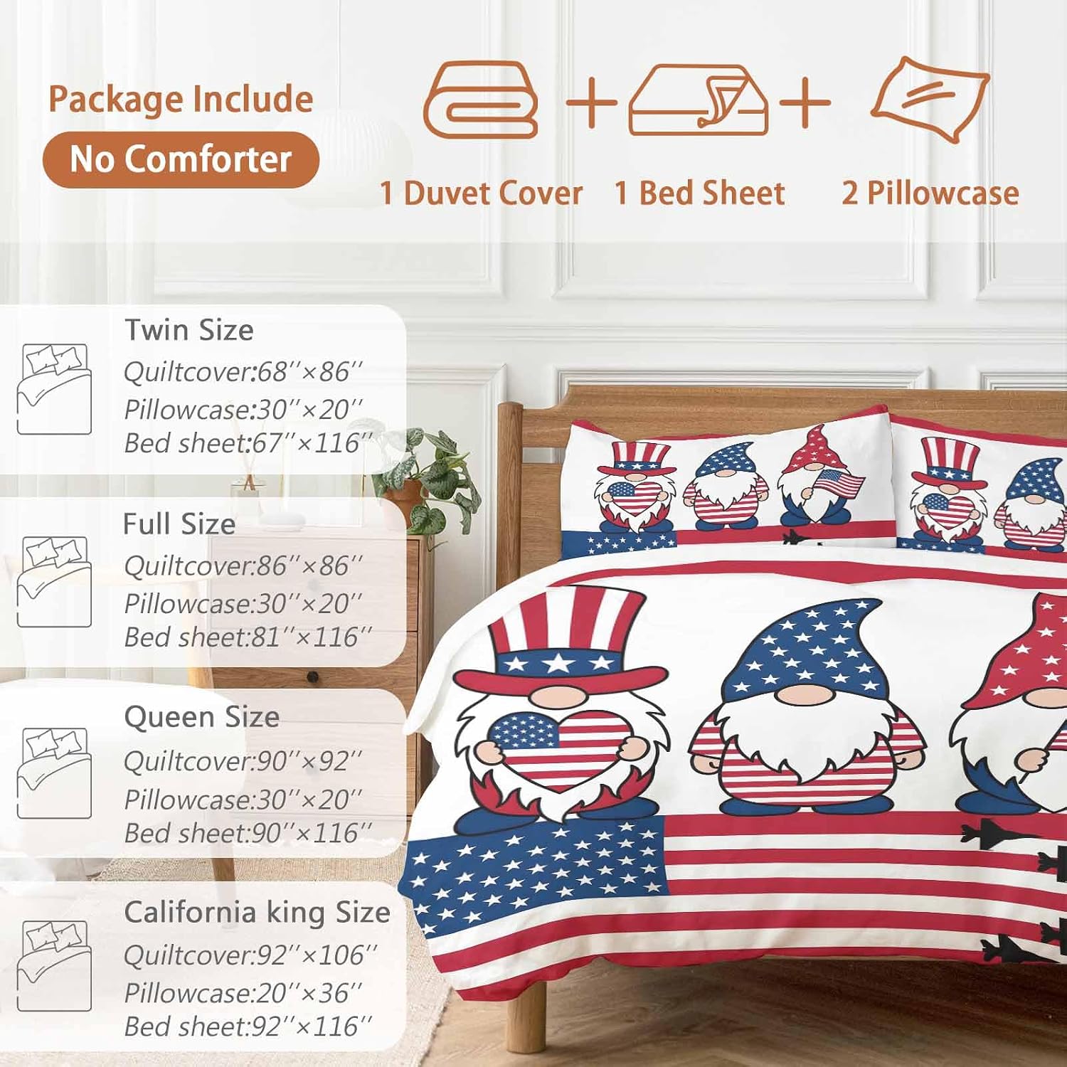 Independence Day Duvet Cover Set Queen Size 4 Pieces Cute Gnome with American Flag Hat Red White Stripes Bedding Set with Zipper Closure, 1 Comforter Cover 86x86 Inches 1 Flat Sheet & 2 Pillow Cases