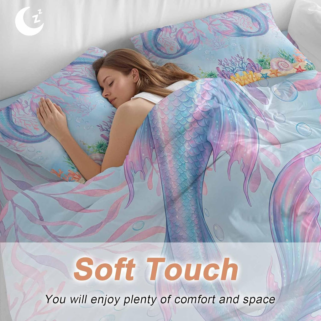 Ocean Marine Life Duvet Cover Set Queen Size 4 Pieces Watercolor Fish Tails Starfish Sea Nut Seagrass Bedding Set with Zipper Closure, 1 Comforter Cover 86x86 Inches 1 Flat Sheet & 2 Pillow Cases