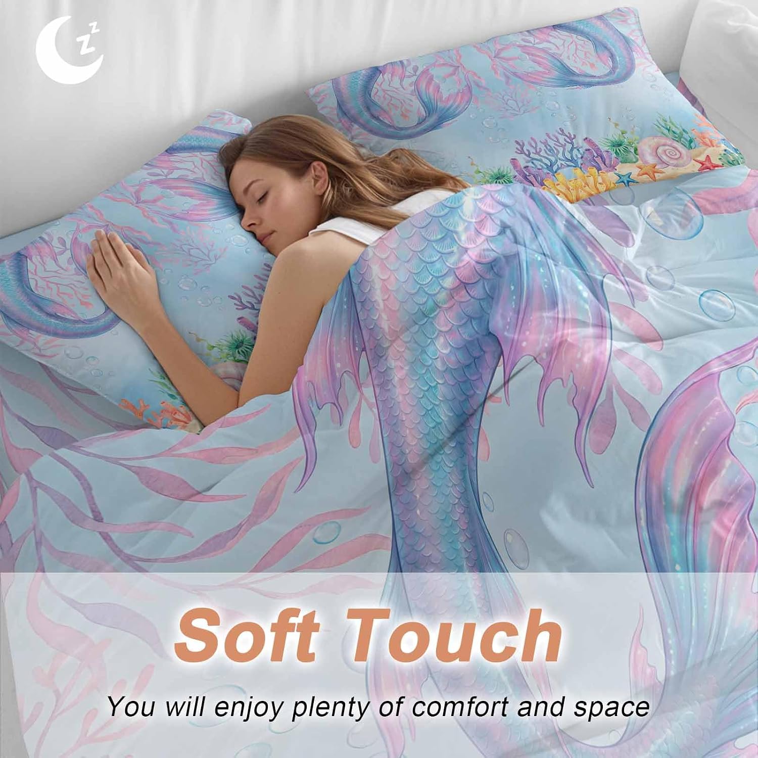 Ocean Marine Life Duvet Cover Set Queen Size 4 Pieces Watercolor Fish Tails Starfish Sea Nut Seagrass Bedding Set with Zipper Closure, 1 Comforter Cover 86x86 Inches 1 Flat Sheet & 2 Pillow Cases