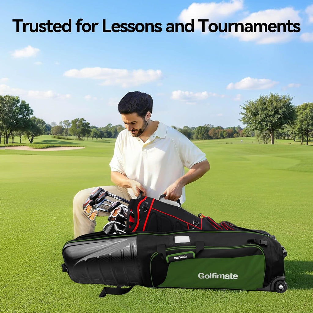 Golf Travel Bags for Airlines with Carbon Fiber Hard Top, Protective Club Traveling Cover with Wheel, Golf Club Carrier Case for Airplanes, Thick Padding, Durable Zippers and 2 Sided Spacious Pockets