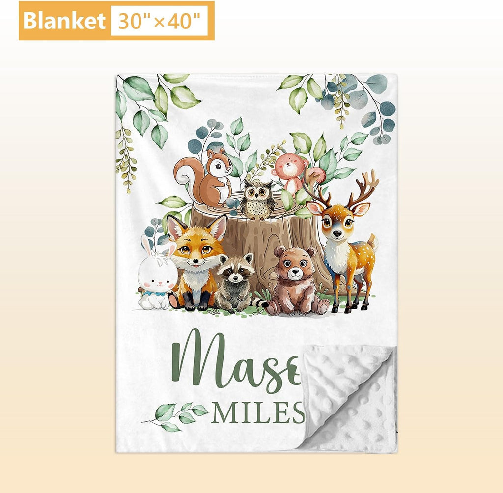 Terwex Personalized Baby Bedding Set, 5 Pcs Custom Baby Crib Sets with Name, Toddler Bedding Set for Baby Boys Girls, Forest Animal Double Layer Nursery Bedding Set, Customized Gifts for Infants Kids