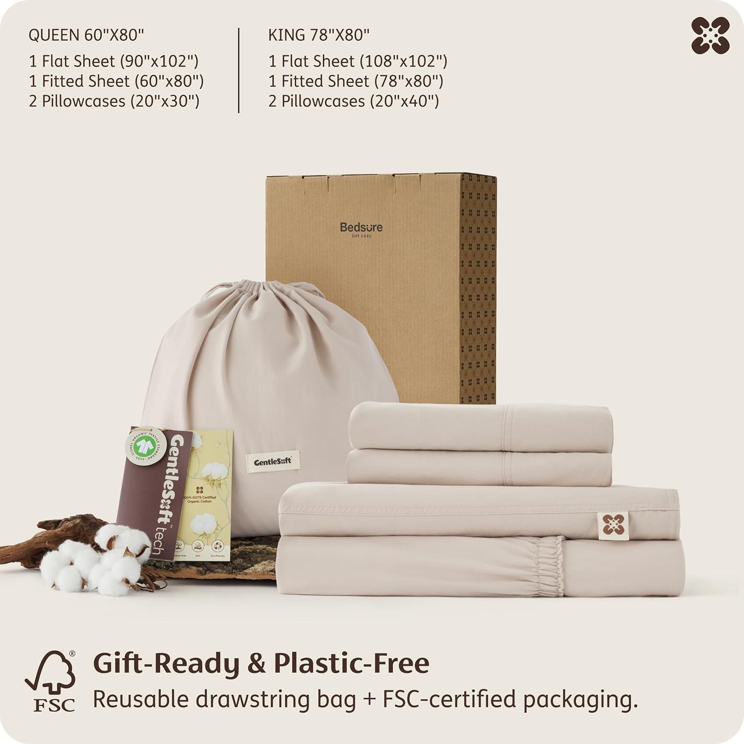Bedsure 100% GOTS Certified Organic Cotton Sheets, King Size Sheets Set, 17' Deep Pocket Bedsheets with Corner Straps, Eco-Friendly, Soft, Breathable & Luxury PureWoven Cotton Hotel Bedding, Linen
