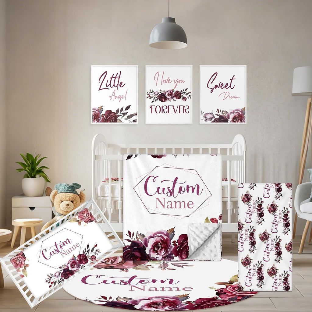 Terwex Personalized Crib Bedding Set, 5 Pcs Custom Nursery Bedding Sets with Name, Infant Bedding Set for Baby Girls, Purple Flower Double Layer Baby Crib Set, Babies Toddlers Kids Customized Gifts