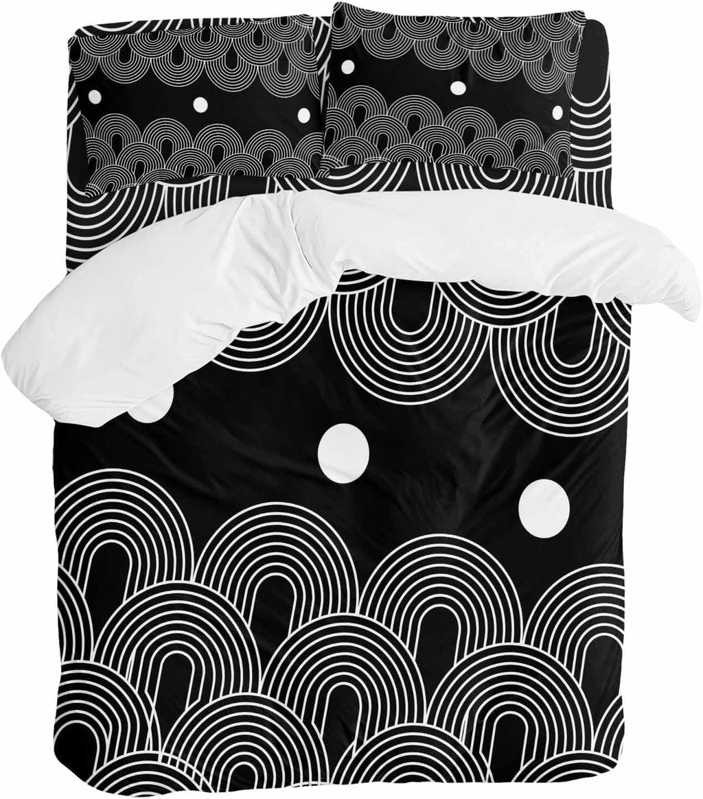 Black White Duvet Cover Set Queen Size 4 Pieces Abstract Line Boho Minimalist Arch Geometric Bedding Set with Zipper Closure, 1 Comforter Cover 92x106 Inches 1 Flat Sheet & 2 Pillow Cases