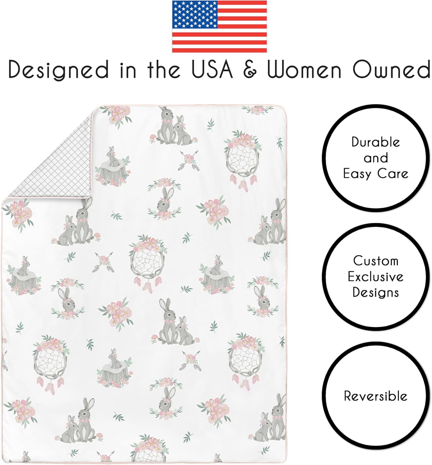 Sweet Jojo Designs 4-Piece Baby Crib Bedding Set (Woodland Bunny Floral) for Girls, Infants/Nursery incl. Blanket, Fitted Sheet, Skirt, Diaper Stacker (Shabby Chic, Boho, Flower, Bohemian, Grey Arrow)