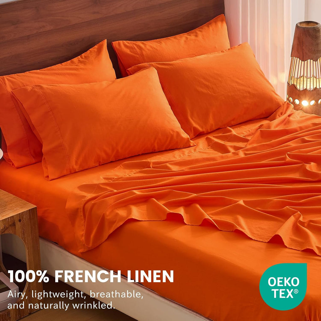 Bedlifes 100% French Linen Sheets King Size 18-24' Extra Deep Pocket 4-Piece Set Breathable & Moisture-Wicking,Soft & Durable Sheets for Thick Mattresses(Orange)