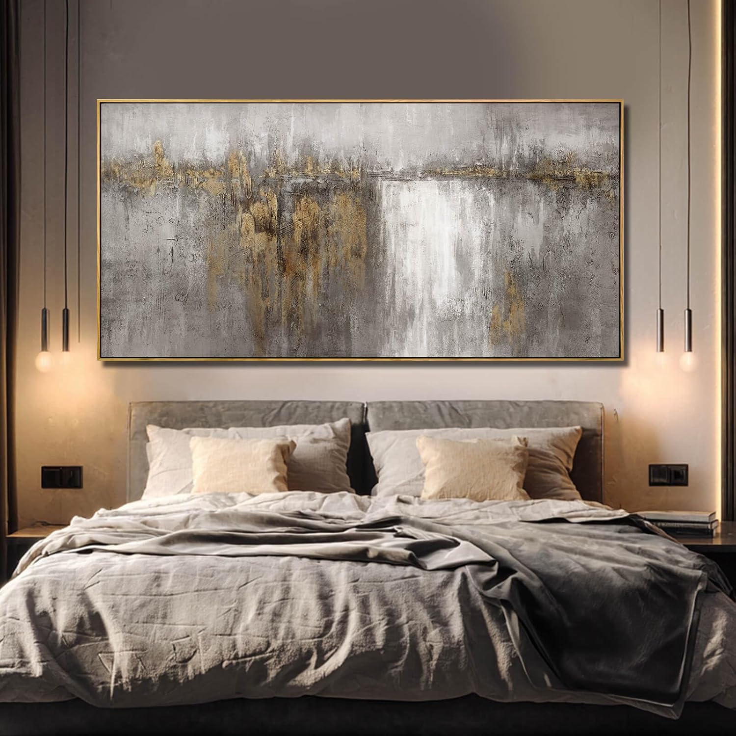 Neutral Canvas Arts Gold Wall Art Decor Framed Abstract Pictures Grey Prints Artwork for Living Room Bedroom Dining Room Home Office Decor 29'x58'