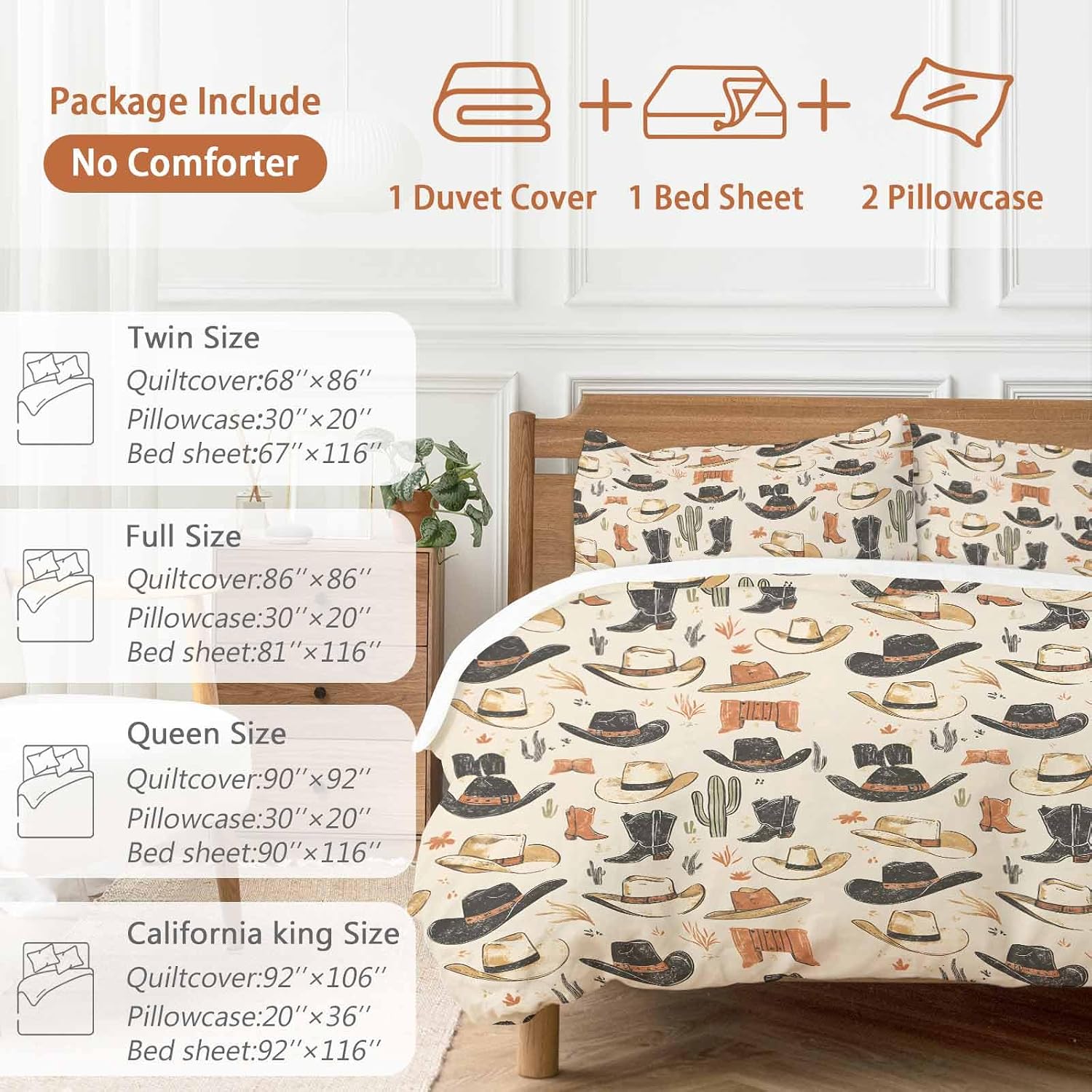 Prime Leader Western Cowboy Duvet Cover Set Queen Size 4 Pieces Boots Hat Vintage Desert Cactus Bedding Set with Zipper Closure, 1 Comforter Cover 90x92 Inches 1 Flat Sheet & 2 Pillow Cases