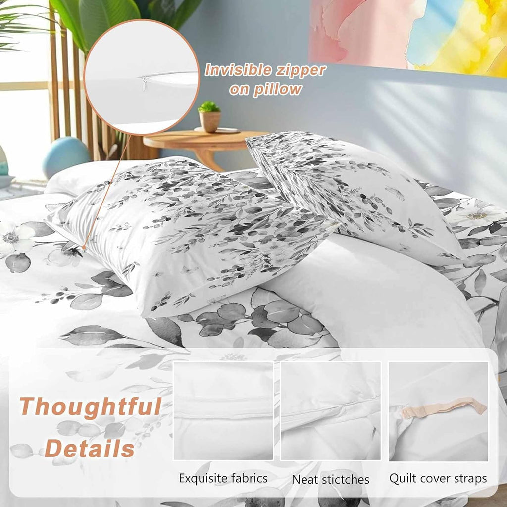 Summer Botanical Duvet Cover Set Queen Size 4 Pieces Gray Eucalyptus Leaves Rustic Farmhouse Pastoral Bedding Set with Zipper Closure, 1 Comforter Cover 90x92 Inches 1 Flat Sheet & 2 Pillow Cases
