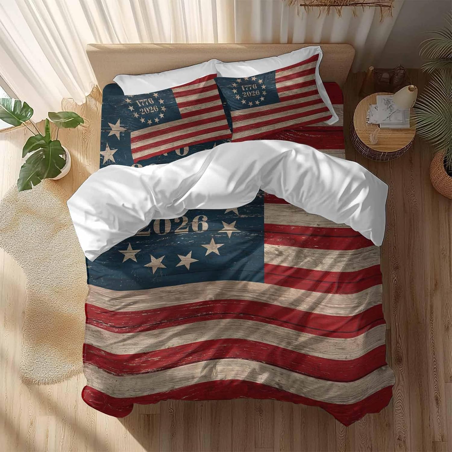 Independence Day Duvet Cover Set Queen Size 4 Pieces Retro American Flag Patriotic Red Blue Stripe Star Bedding Set with Zipper Closure, 1 Comforter Cover 90x92 Inches 1 Flat Sheet & 2 Pillow Cases