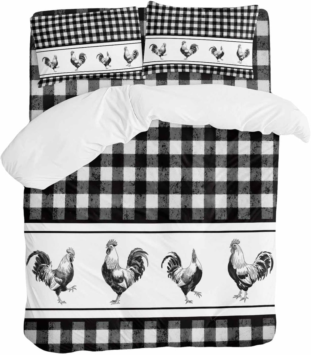 Prime Leader Vintage Black Plaid Duvet Cover Set Queen Size 4 Pieces Farm Cock Chicken Animal Watercolor Bedding Set with Zipper Closure, 1 Comforter Cover 90x92 Inches 1 Flat Sheet & 2 Pillow Cases