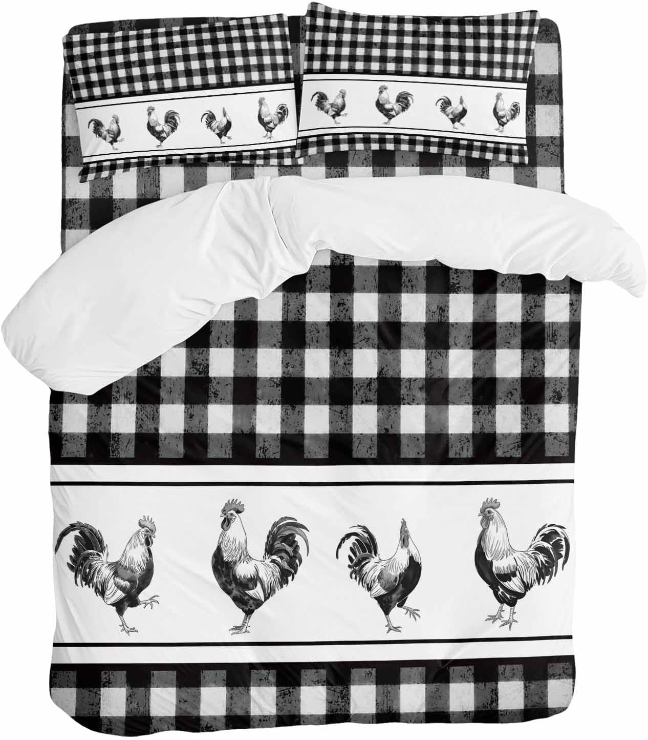 Prime Leader Vintage Black Plaid Duvet Cover Set Queen Size 4 Pieces Farm Cock Chicken Animal Watercolor Bedding Set with Zipper Closure, 1 Comforter Cover 90x92 Inches 1 Flat Sheet & 2 Pillow Cases