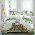 Cartoon Small Zebra Duvet Cover Set Queen Size 4 Pieces Watercolor Forest Animal Acorn Green Tree Bedding Set with Zipper Closure, 1 Comforter Cover 86x86 Inches 1 Flat Sheet & 2 Pillow Cases