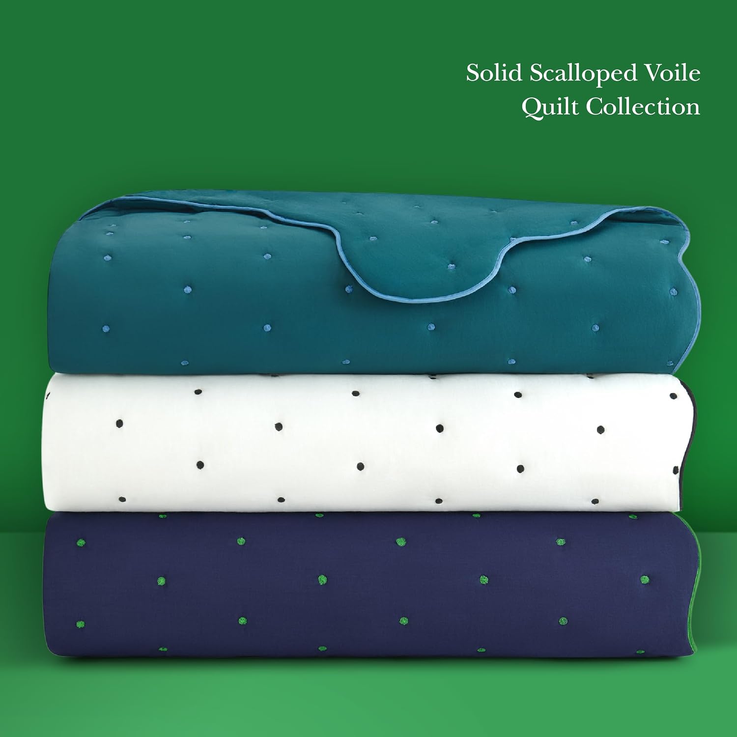 kate spade new york Scalloped Edge 2-Piece Twin Quilt Bedding Set, 100% Cotton Voile Reversible Cover, All Season Bedding, Machine Washable, Blue Spruce