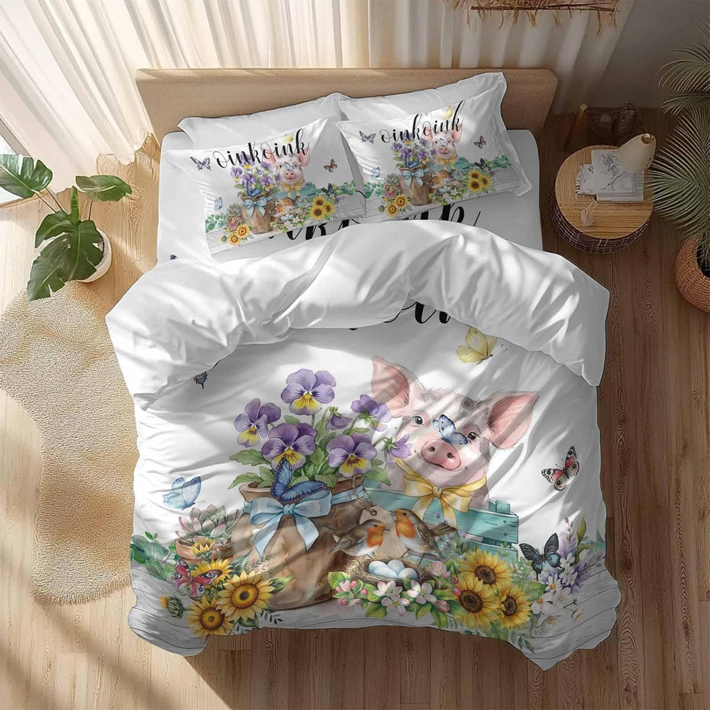 Prime Leader Floral Animals Duvet Cover Set Queen Size 4 Pieces Retro Flowers Fence Pig Birds Butterfly Bedding Set with Zipper Closure, 1 Comforter Cover 86x86 Inches 1 Flat Sheet & 2 Pillow Cases