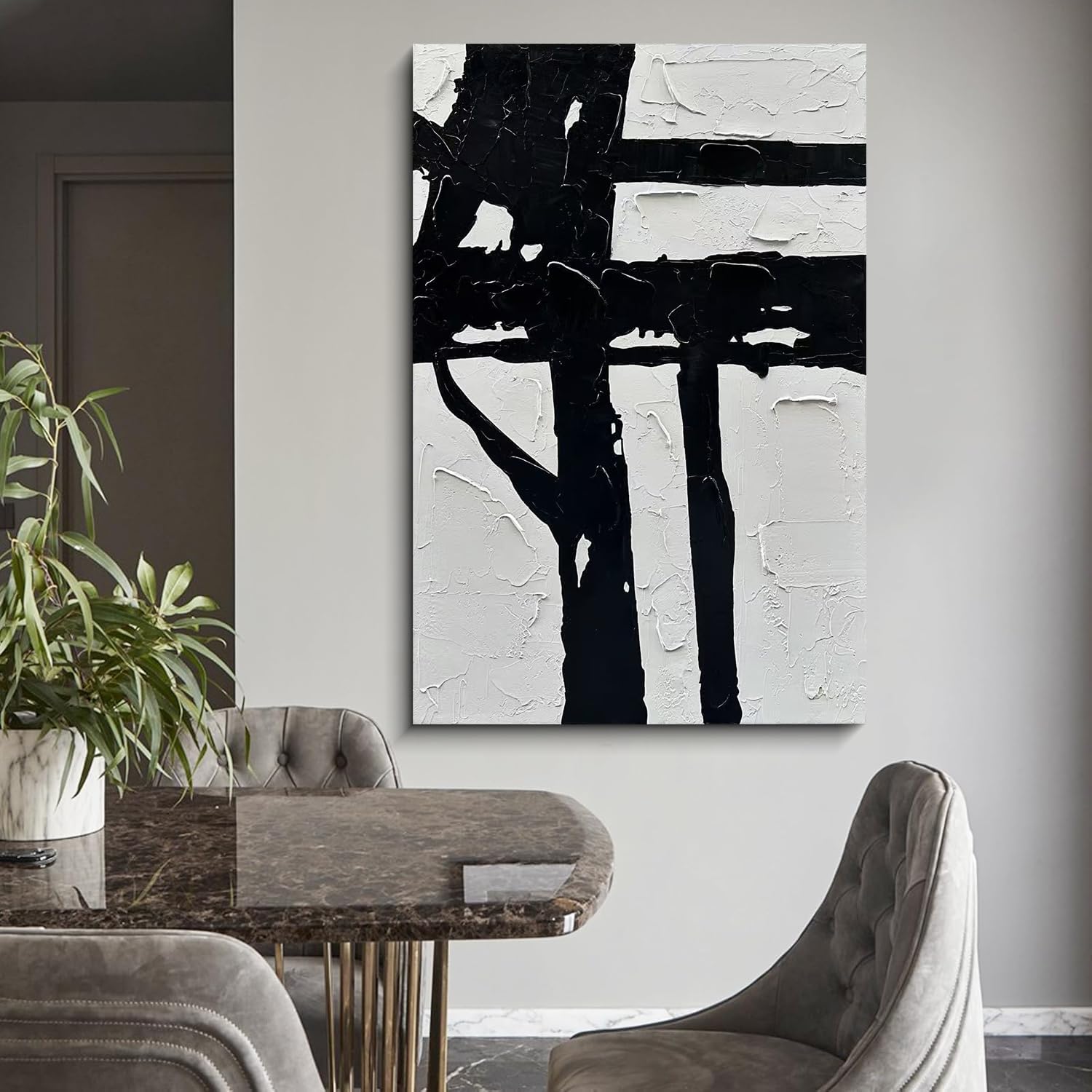 NANKAI Hand-Painted Black And White Abstract Wall Art Contemporary Minimalist Oil Painting Art 45x30 inch Large Painting Art For Home Walls Living Room Hallway Wall Decoration