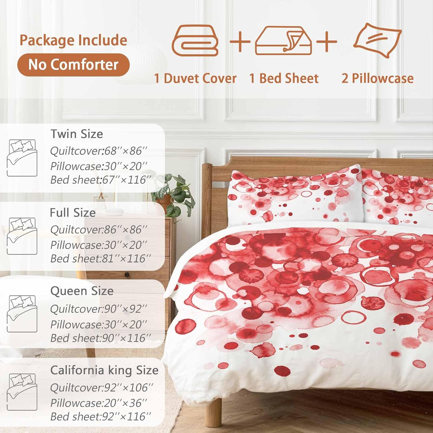 Abstract Duvet Cover Set Queen Size 4 Pieces Red Gradient Watercolors Ink Points Minimalist Style Bedding Set with Zipper Closure, 1 Comforter Cover 86x86 Inches 1 Flat Sheet & 2 Pillow Cases
