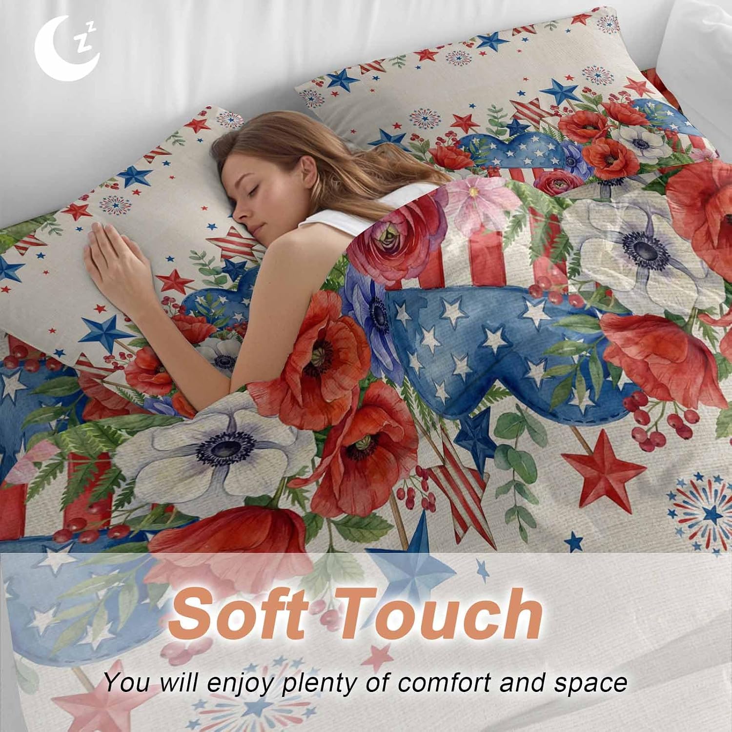 Independence Day Duvet Cover Set Queen Size 4 Pieces Blue Red White Floral Flower Love Heart Retro Bedding Set with Zipper Closure, 1 Comforter Cover 90x92 Inches 1 Flat Sheet & 2 Pillow Cases