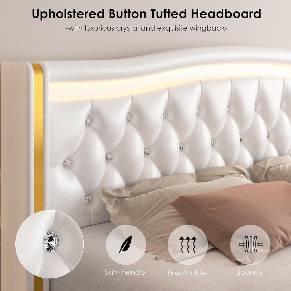 HIFIT Full Size LED Bed Frame with 4 Storage Drawers & Crystal Button-Tufted Wingback Headboard, Modern PU Upholstered Platform Bed Frame with No Box Spring Needed, Easy Assembly, White