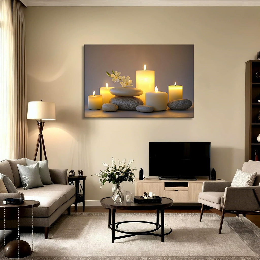 Large Zen Canvas Wall Art SPA Stones with Candle Picture Bathroom Decor Framed Black Posters Still Life Painting Meditation Spiritual Prints for Walls Ready to Hang - 28.00'x42.00'