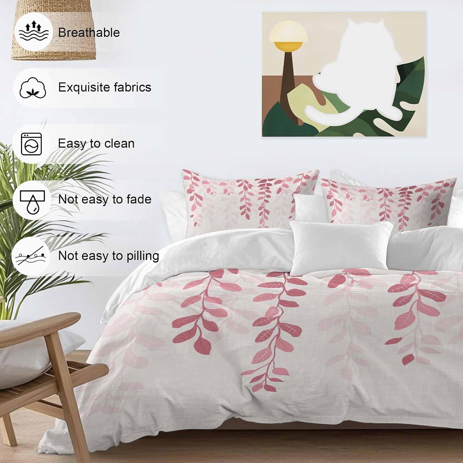 Prime Leader Plants Gradient Duvet Cover Set Queen Size 4 Pieces Pink Leaves Farmhouse Style Bedding Set with Zipper Closure, 1 Comforter Cover 92x106 Inches 1 Flat Sheet & 2 Pillow Cases