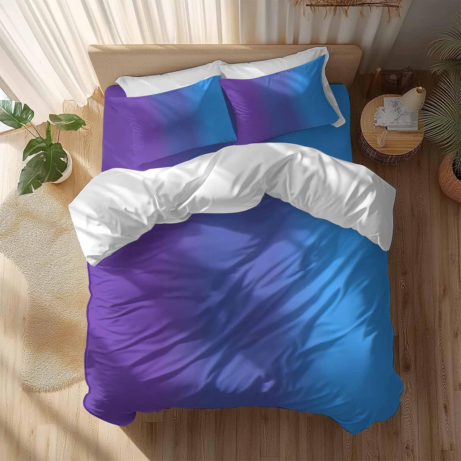 Purple Blue Gradient Duvet Cover Set Queen Size 4 Pieces Colorful Striped Ombre Minimalist Art Bedding Set with Zipper Closure, 1 Comforter Cover 86x86 Inches 1 Flat Sheet & 2 Pillow Cases