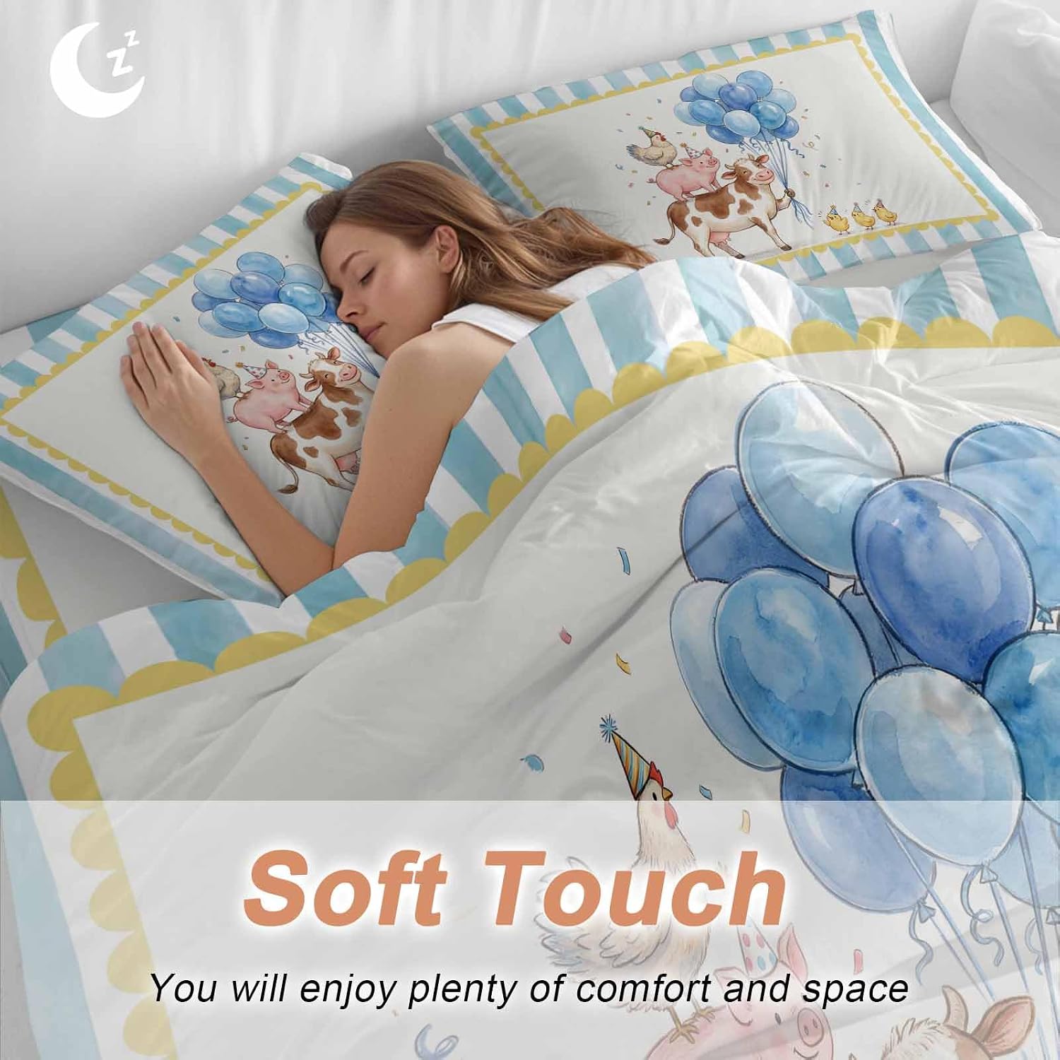 Pig Cow Duvet Cover Set Queen Size 4 Pieces Hen Chicks Blue Balloons Watercolor Animal Yellow Border Striped Bedding Set with Zipper Closure,1 Comforter Cover 90x92 Inches 1 Flat Sheet&2 Pillow Cases