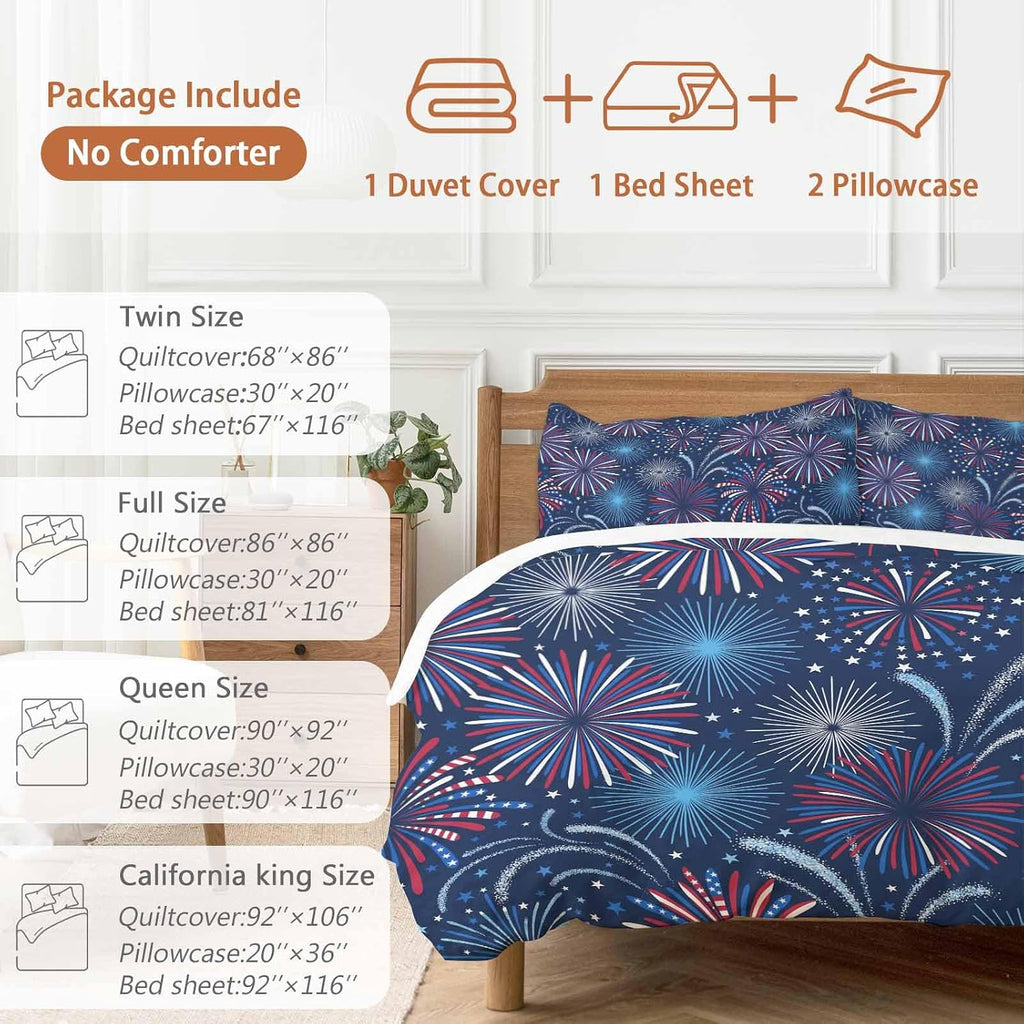 Independence Day Firework Duvet Cover Set Queen Size 4 Pieces Patriotic Red Blue Firework Dark Blue Bedding Set with Zipper Closure, 1 Comforter Cover 86x86 Inches 1 Flat Sheet & 2 Pillow Cases