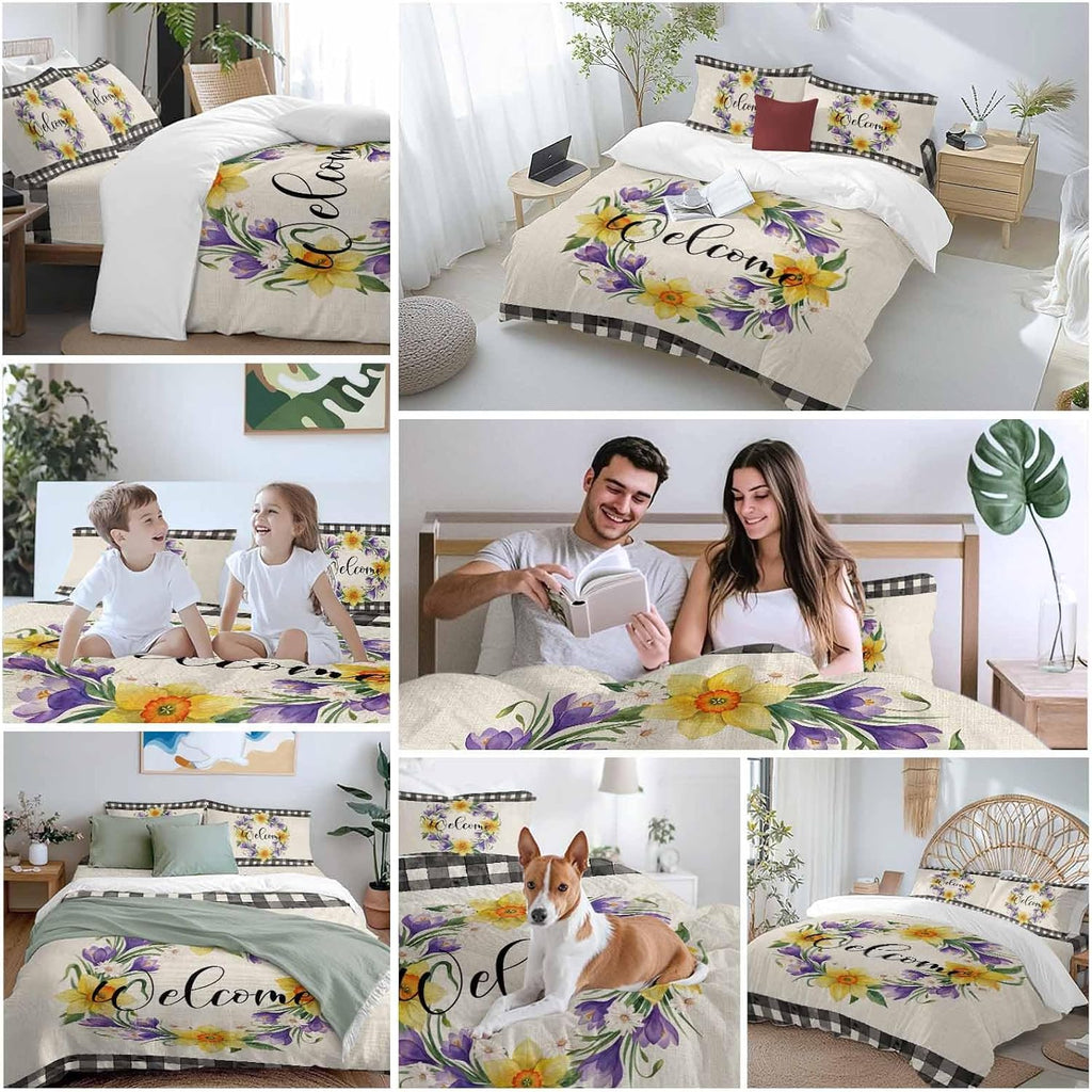 Welcome Duvet Cover Set Queen Size 4 Pieces Vintage Purple Yellow Floral Wreath Linen Texture Bedding Set with Zipper Closure, 1 Comforter Cover 86x86 Inches 1 Flat Sheet & 2 Pillow Cases