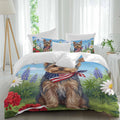 Independence Day Duvet Cover Set Queen Size 4 Pieces Watercolor U. S. Flag Cute Yorkshire Butterfly Bedding Set with Zipper Closure, 1 Comforter Cover 90x92 Inches 1 Flat Sheet & 2 Pillow Cases