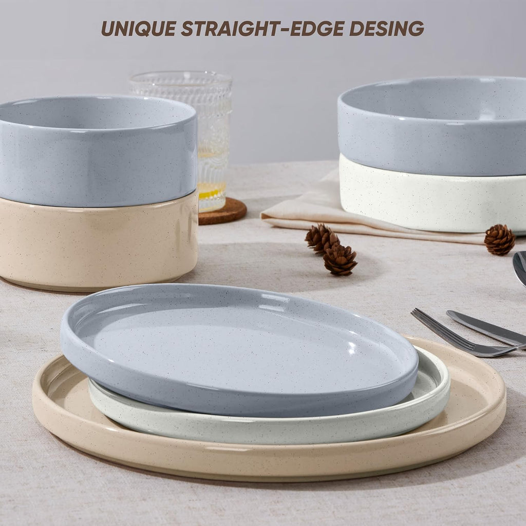 E-far Dinnerware Sets with Pasta Bowls, 24-Piece Stoneware Plates and Bowls Sets for 6 | Microwave & Dishwasher Safe Kitchen Modern Dish Set, Speckled Multicolor