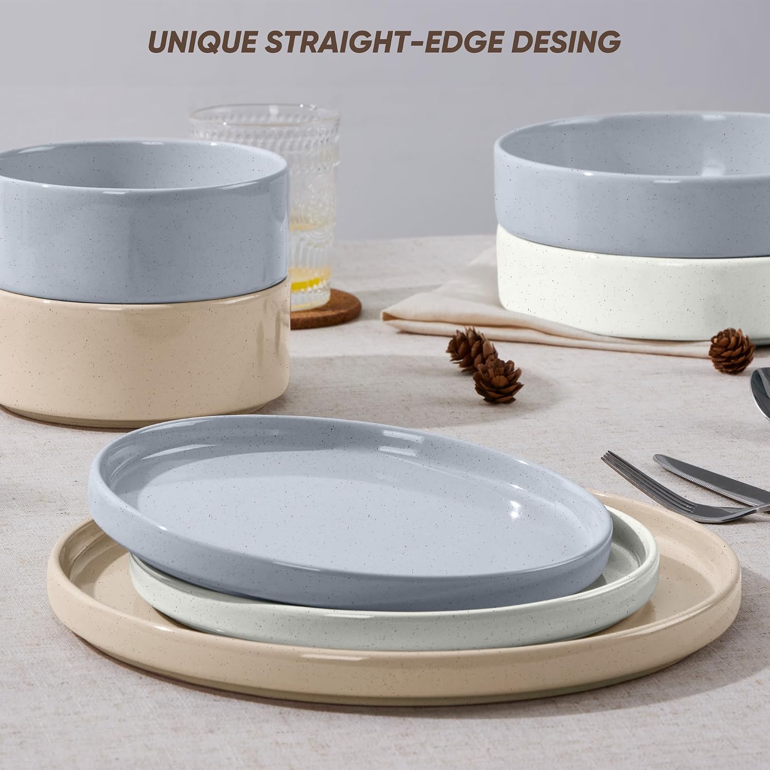 E-far Dinnerware Sets with Pasta Bowls, 24-Piece Stoneware Plates and Bowls Sets for 6 | Microwave & Dishwasher Safe Kitchen Modern Dish Set, Speckled Multicolor