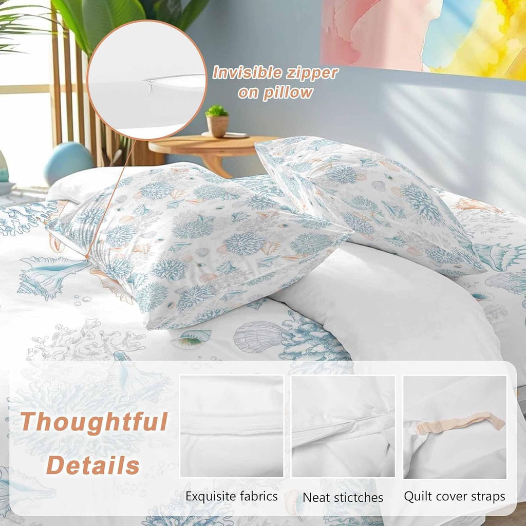 Summer Marine Life Duvet Cover Set Queen Size 4 Pieces Ocean Blue Coral Shells Coastal Conch Bedding Set with Zipper Closure, 1 Comforter Cover 92x106 Inches 1 Flat Sheet & 2 Pillow Cases