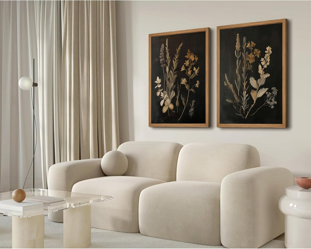 Vintage Floral Wall Art Decor Black Botanical Canvas Art Moody Flower Wall Art Dark Academia Poster Painting Vintage Floral Prints Pictures for Bedroom Living Room 24x36 Inch Wood Framed Set of 2