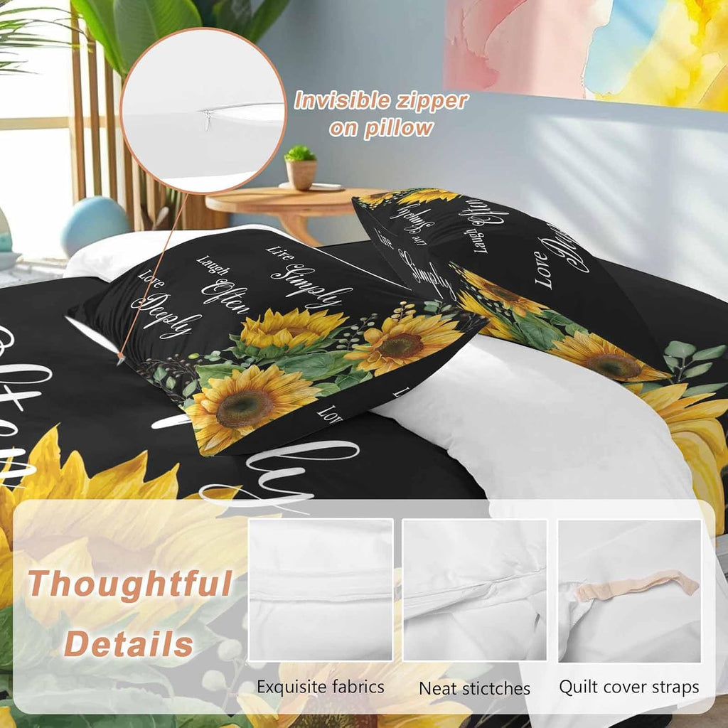 Prime Leader Sunflower Duvet Cover Set Queen Size 4 Pieces Live Simply Laugh Often Love Deeply Black Bedding Set with Zipper Closure, 1 Comforter Cover 90x92 Inches 1 Flat Sheet & 2 Pillow Cases