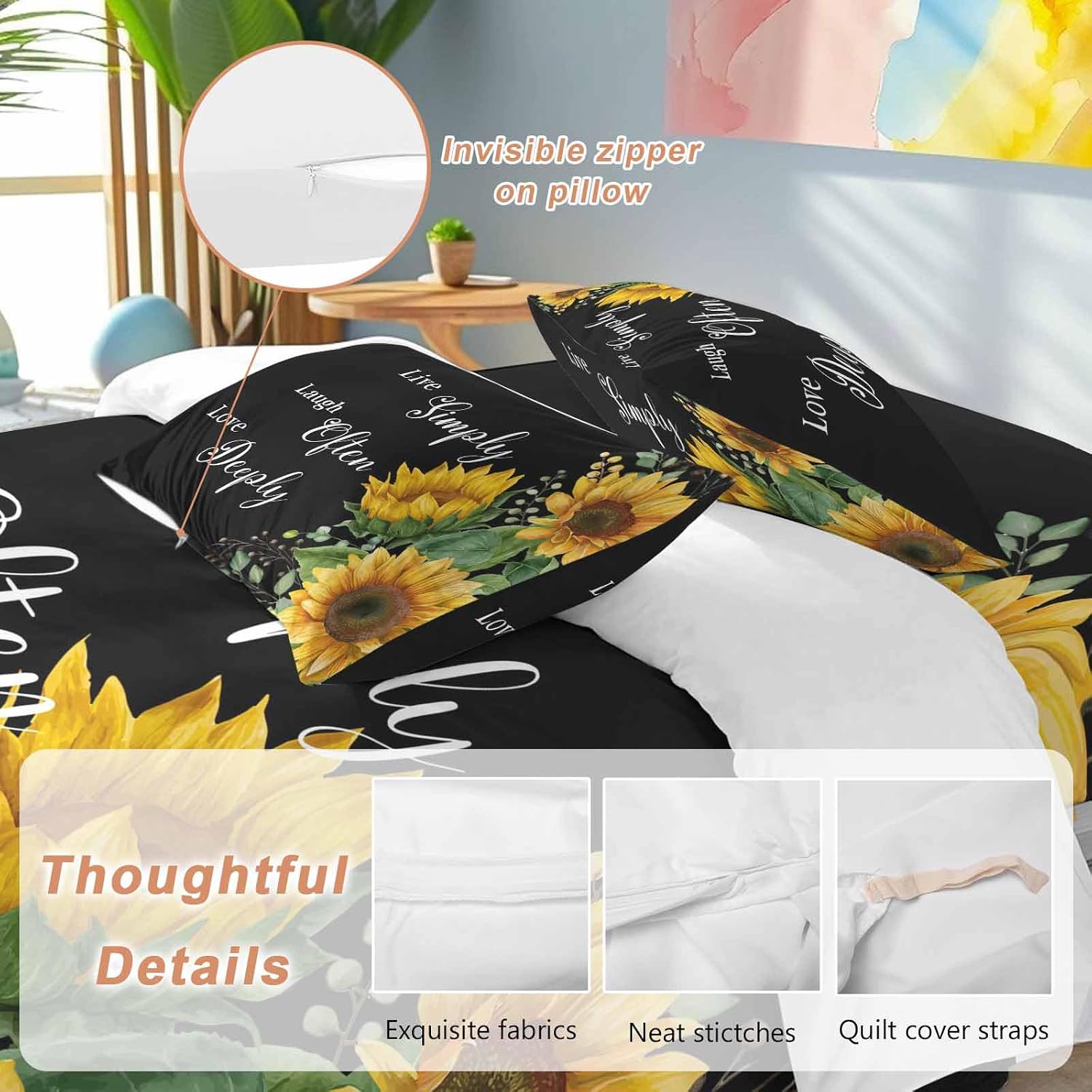 Prime Leader Sunflower Duvet Cover Set Queen Size 4 Pieces Live Simply Laugh Often Love Deeply Black Bedding Set with Zipper Closure, 1 Comforter Cover 90x92 Inches 1 Flat Sheet & 2 Pillow Cases