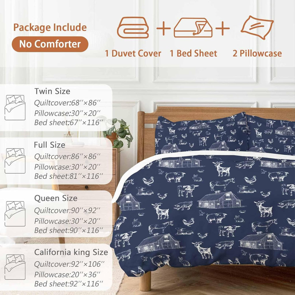 Farm Animals Duvet Cover Set Queen Size 4 Pieces Navy Blue Farmhouse Chicken Cow Sheep Pig House Country Bedding Set with Zipper Closure, 1 Comforter Cover 92x106 Inches 1 Flat Sheet & 2 Pillow Cases