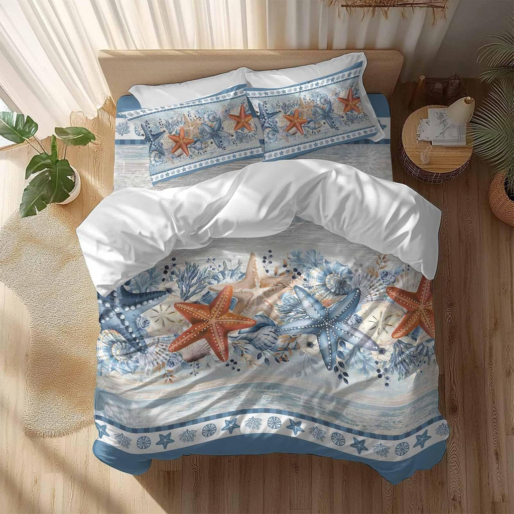 Blue Coastal Duvet Cover Set Queen Size 4 Pieces Orange Starfish Coral Beach Nautical Vintage Bedding Set with Zipper Closure, 1 Comforter Cover 86x86 Inches 1 Flat Sheet & 2 Pillow Cases