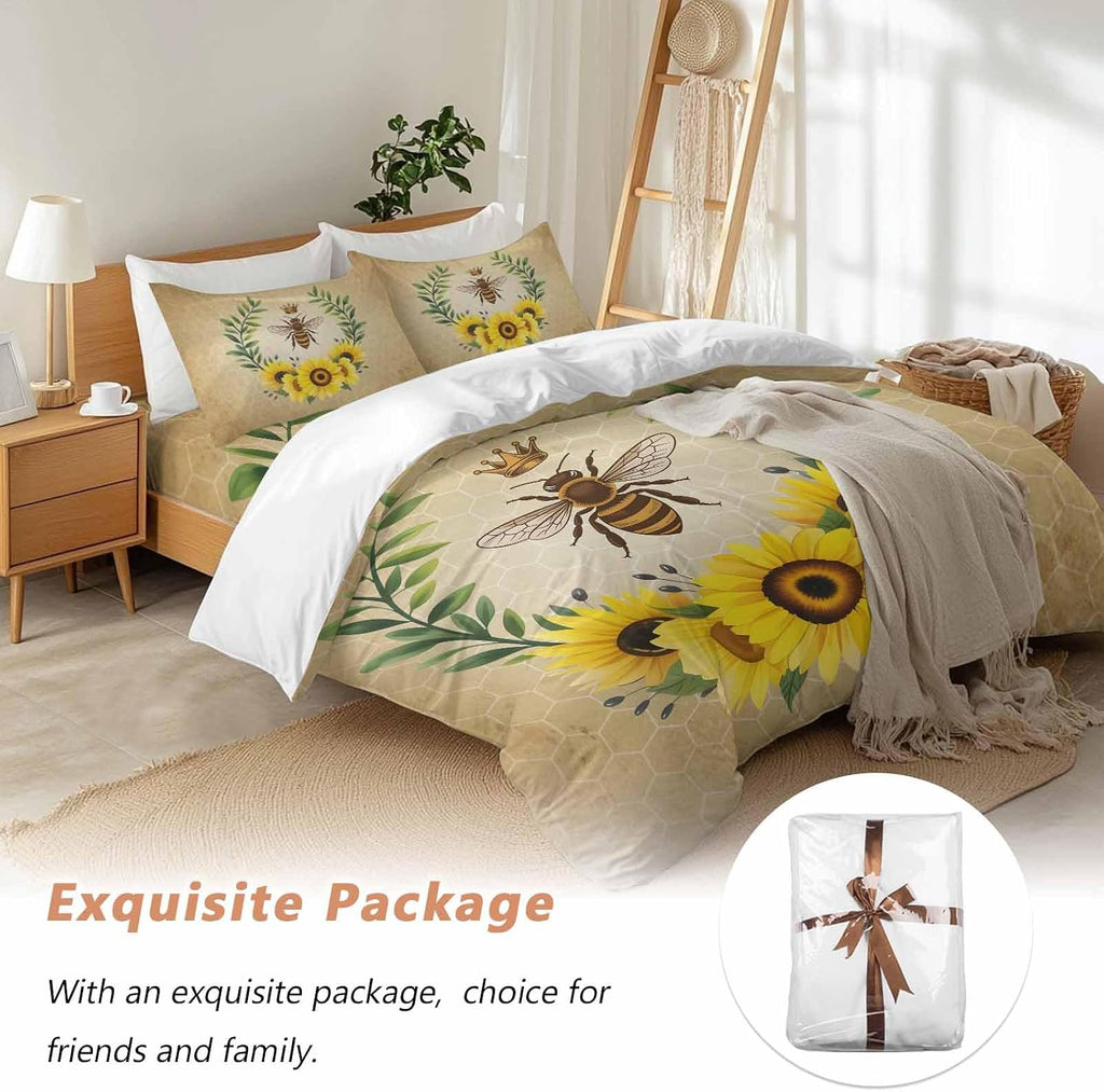 Vintage Crown Bee Duvet Cover Set Queen Size 4 Pieces Country Sunflowers Green Leaves Honeycomb Bedding Set with Zipper Closure, 1 Comforter Cover 86x86 Inches 1 Flat Sheet & 2 Pillow Cases