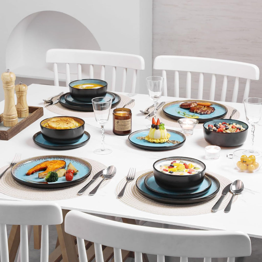 vancasso Plates and Bowls Sets, 18 Pieces Stoneware Dinnerware Sets for 6, Kitchen Dish Set Mircowave and Dishwasher Safe Ceramic Dishware, Blue, Series AMBER