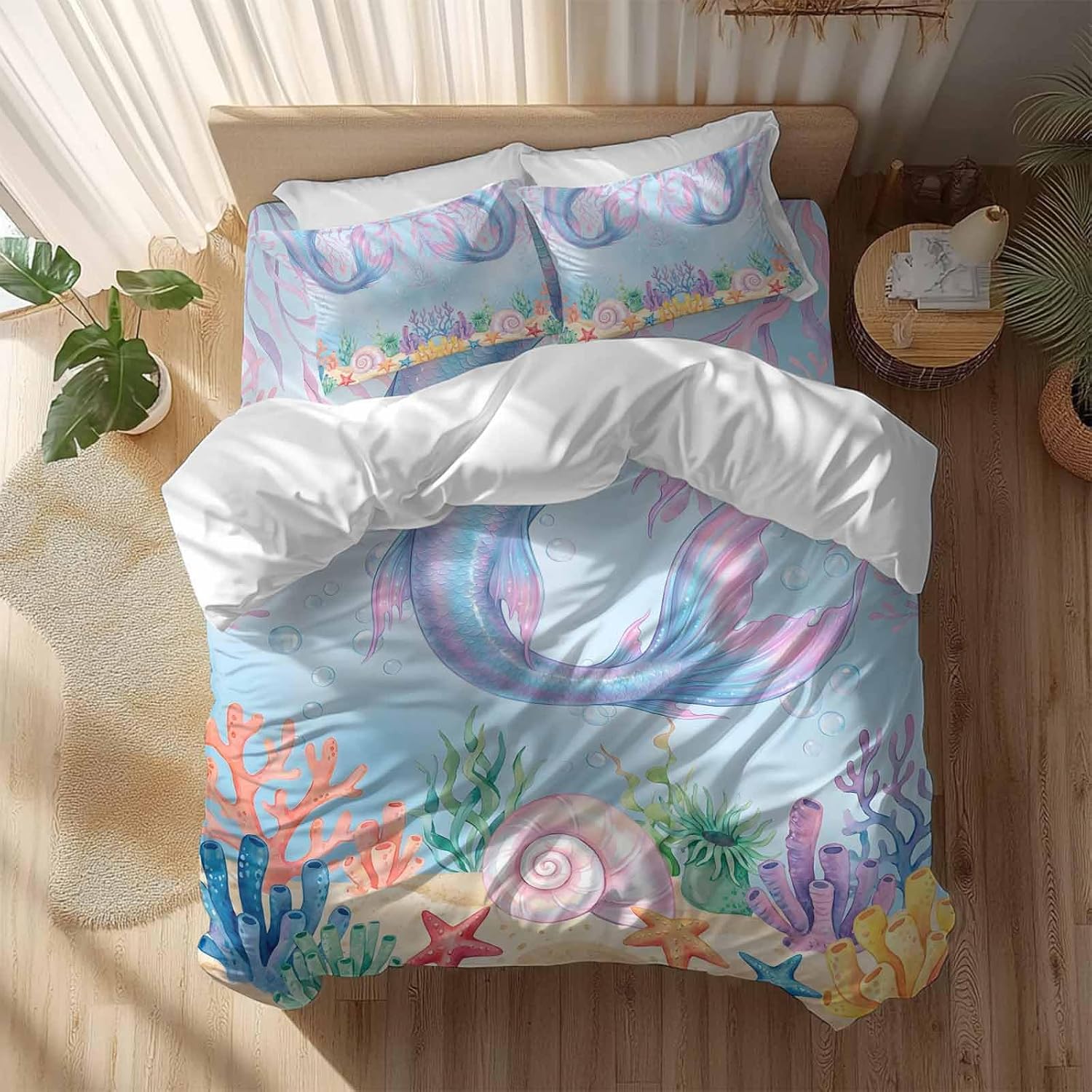 Ocean Marine Life Duvet Cover Set Queen Size 4 Pieces Watercolor Fish Tails Starfish Sea Nut Seagrass Bedding Set with Zipper Closure, 1 Comforter Cover 86x86 Inches 1 Flat Sheet & 2 Pillow Cases