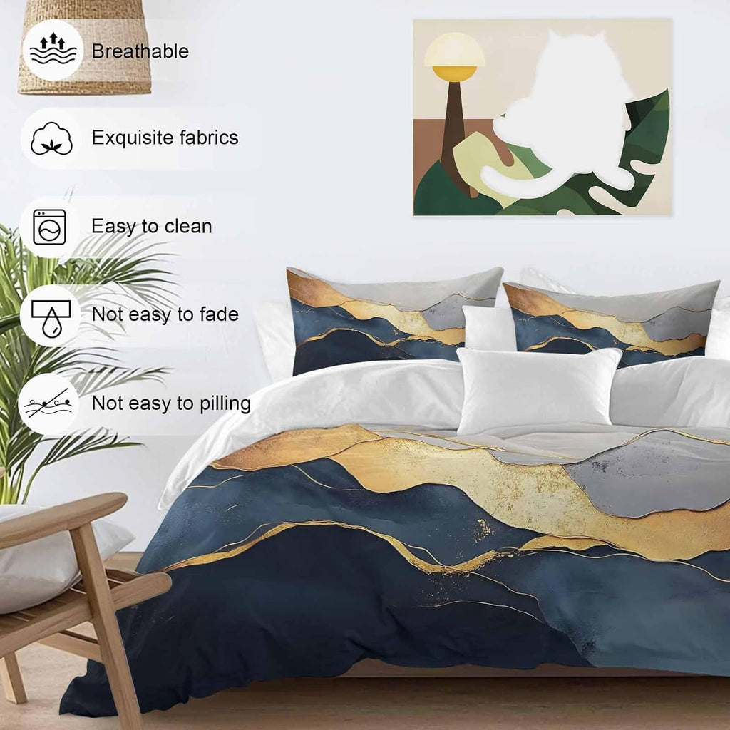 Prime Leader Abstract Impressionist Style Duvet Cover Set Queen Size 4 Pieces Gold Navy Blue Color Block Bedding Set with Zipper Closure, 1 Comforter Cover 92x106 Inches 1 Flat Sheet & 2 Pillow Cases
